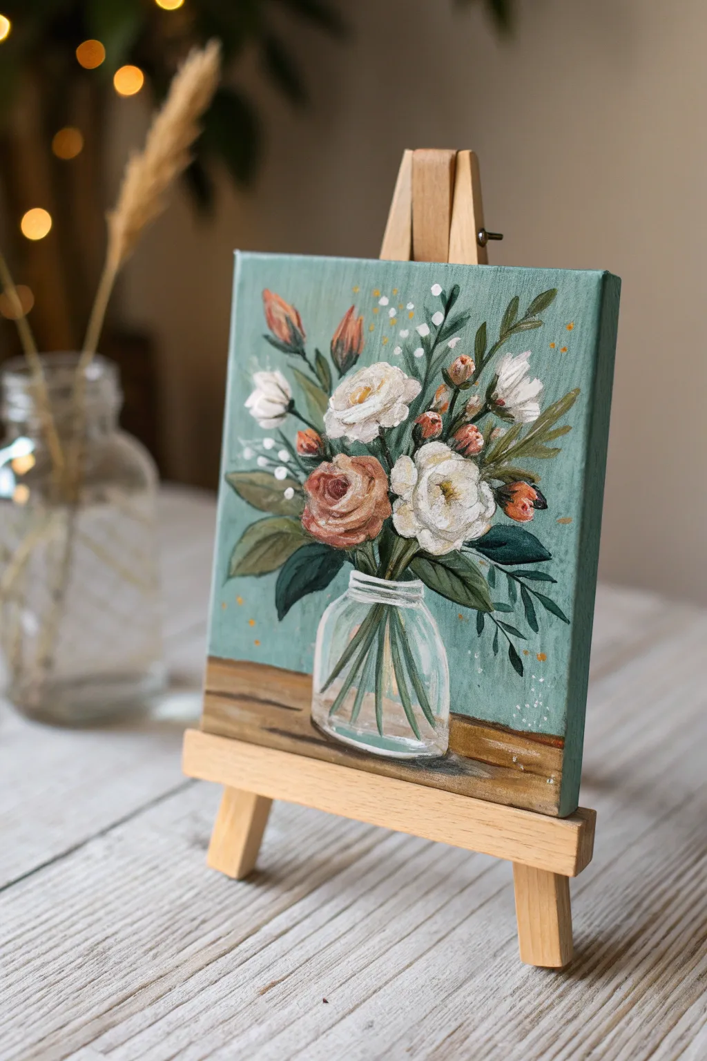 Loose mini bouquet oil painting in a jar, simple brushstrokes with warm side-lit glow.