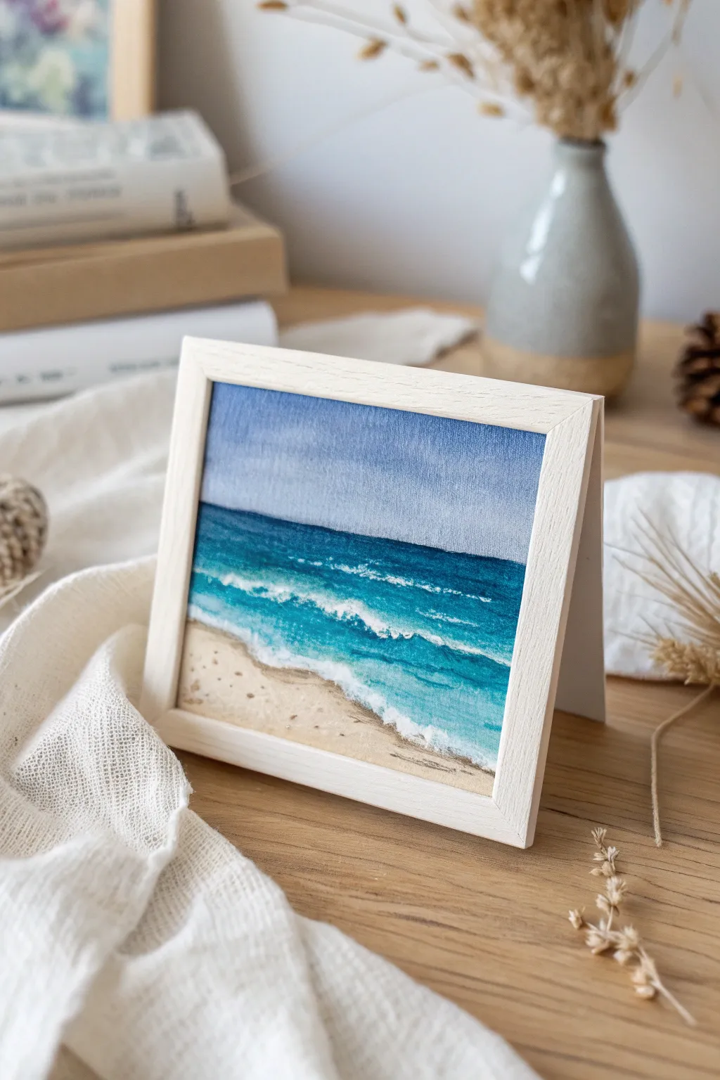 Ocean horizon mini seascape: simple bands, bold blues, and soft white waves on watercolor paper