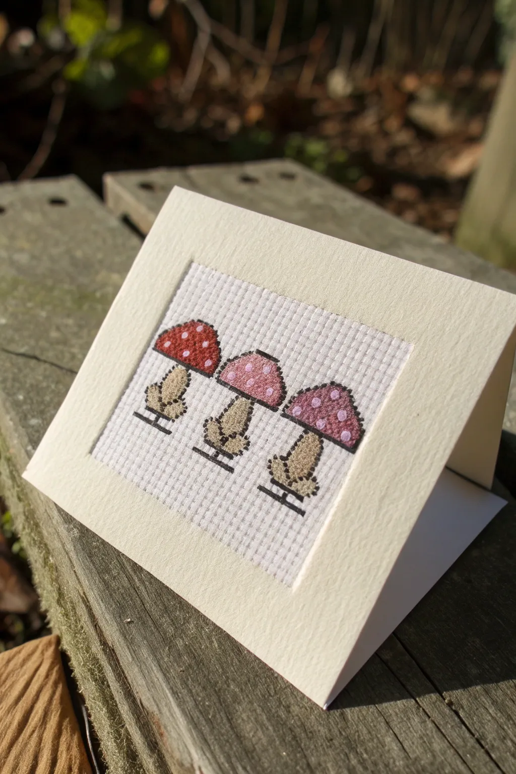 Three mini pixel mushrooms in red, brown, and pastel tones, each on a clean 12x12 grid.