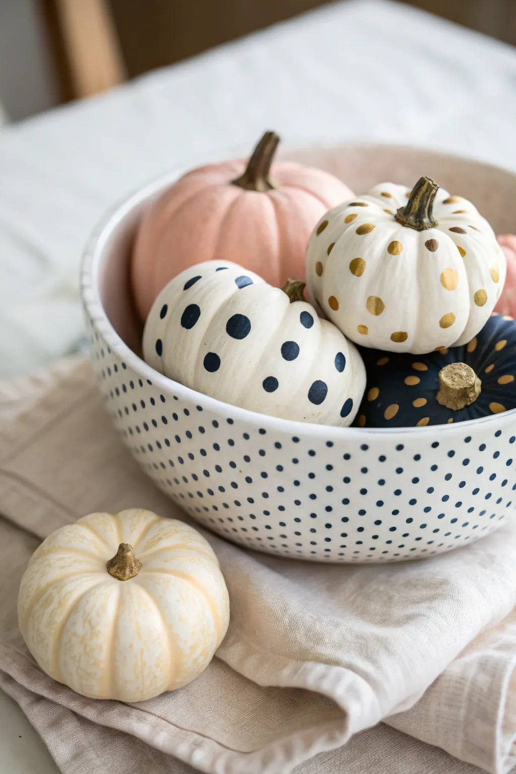 Polka dot mini pumpkins in a simple bowl, bold colors and clean Scandinavian charm