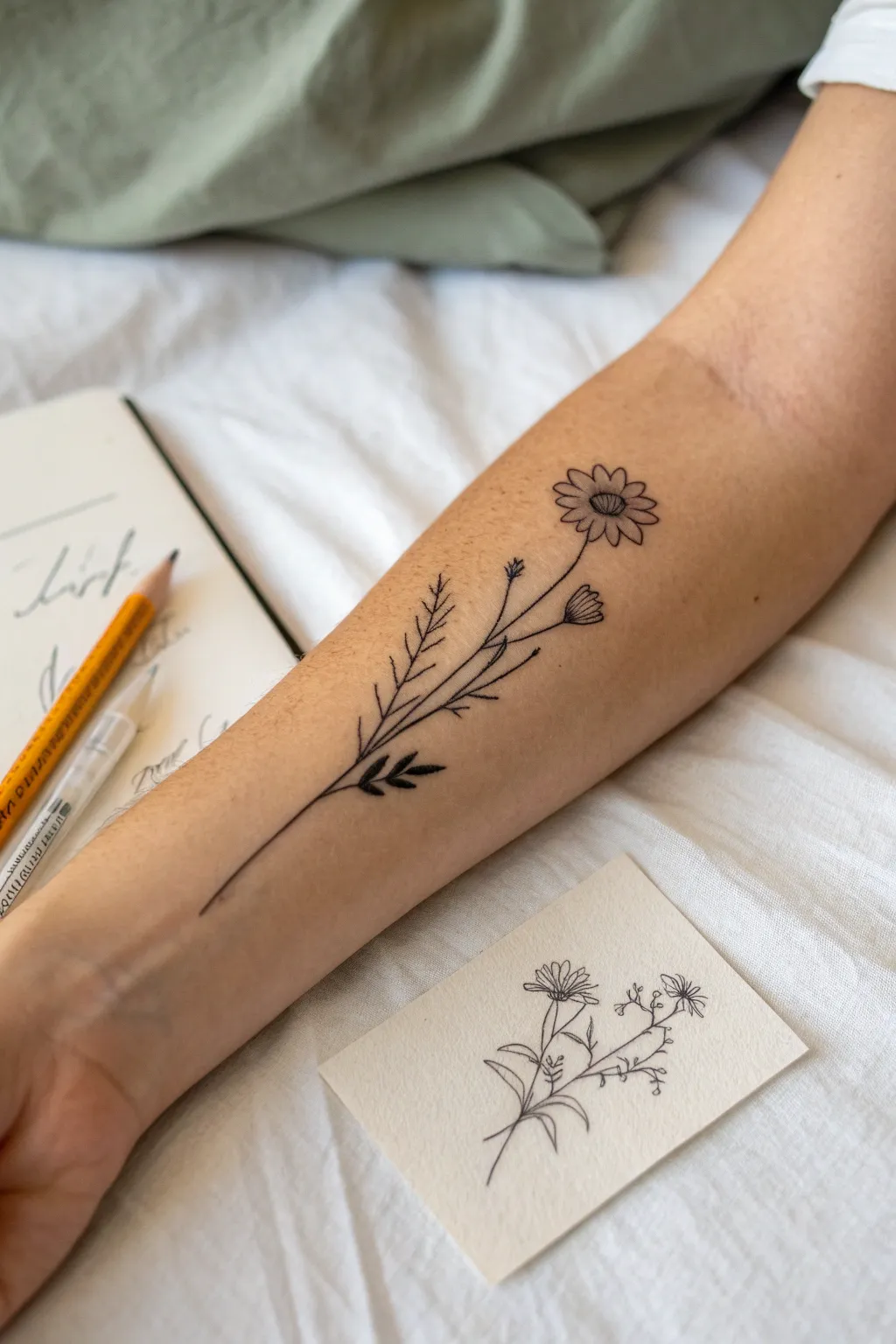 Single stem wildflower tattoo inspo: minimal fine-line bloom with a soft pencil sketch vibe