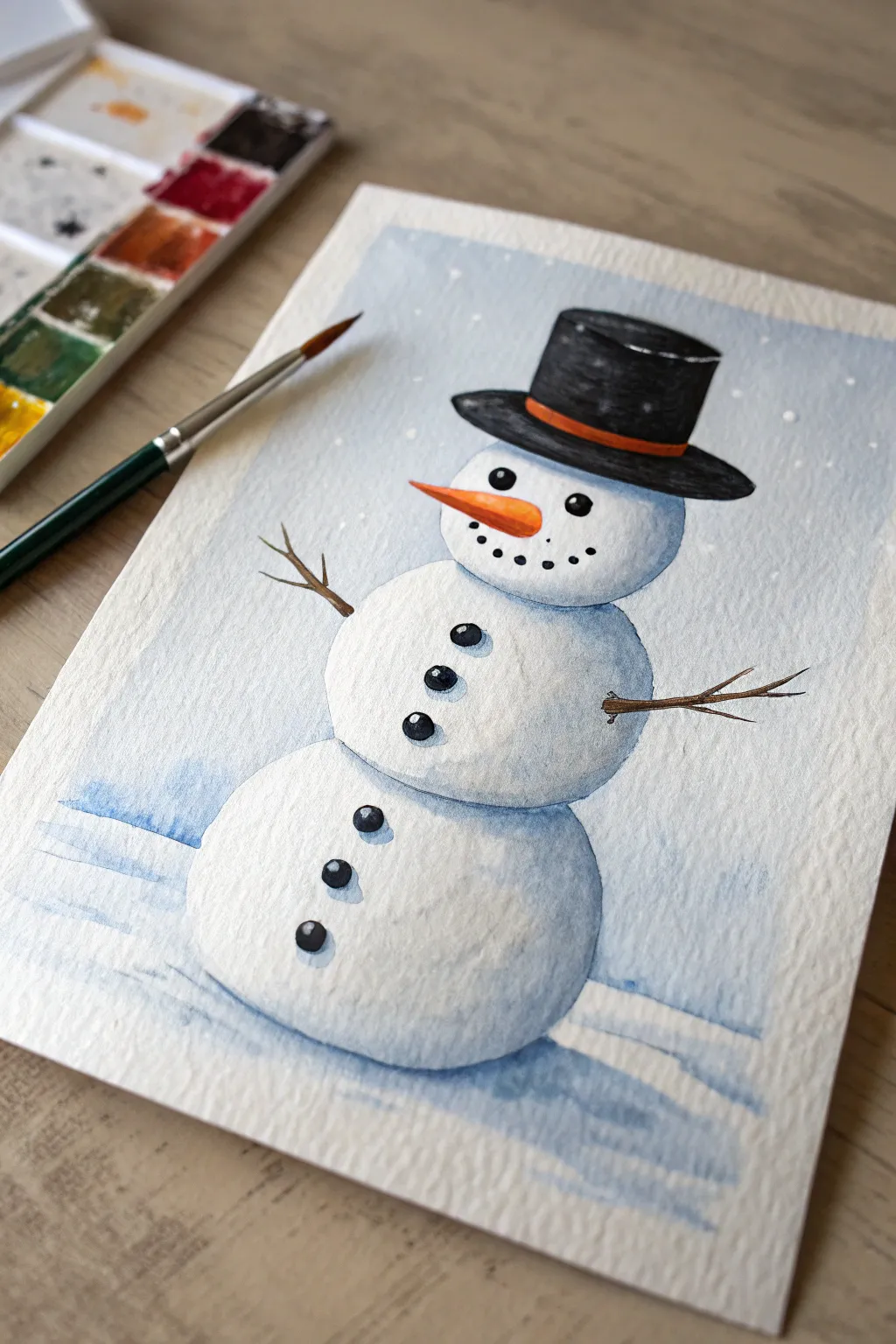 Minimalist top hat snowman painting with bold black, cool shadows, and a bright carrot nose.
