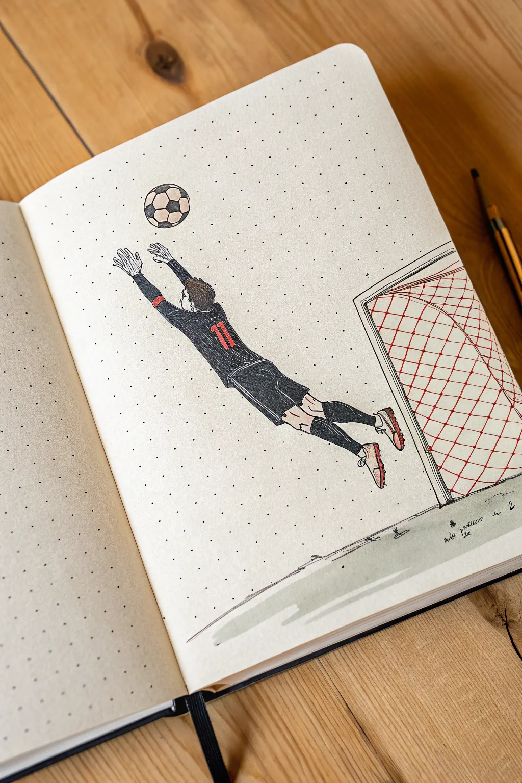 Goalkeeper midair save drawing inspiration with clean lines, bold colors, and calm minimal vibes.