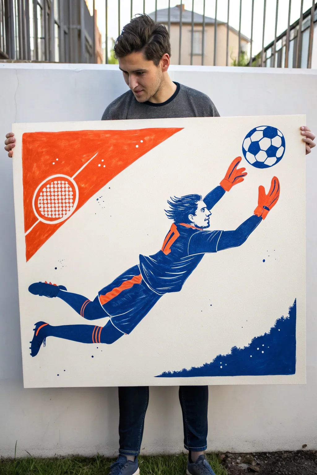 Capture the thrill of the save with this dynamic, minimalist goalkeeper painting idea.