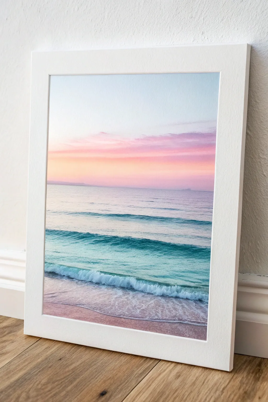 Soft pastel beach horizon painting with a glowing sunrise and gentle waves, minimalist calm