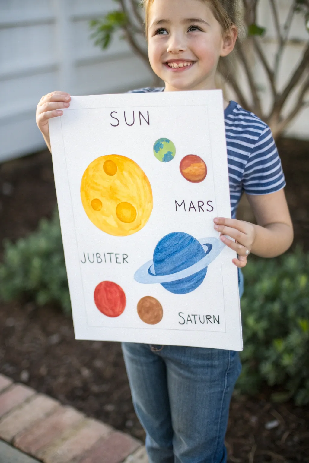 Simple labeled solar system painting kids can copy, bold planets on midnight blue for instant wow