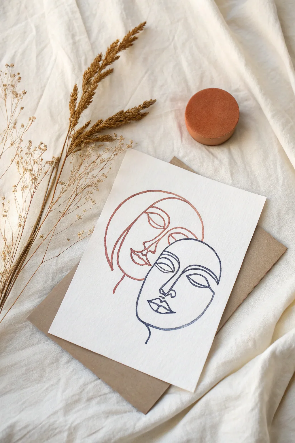 One continuous line couple art with bold indigo and terracotta, clean minimal mood, meant to be
