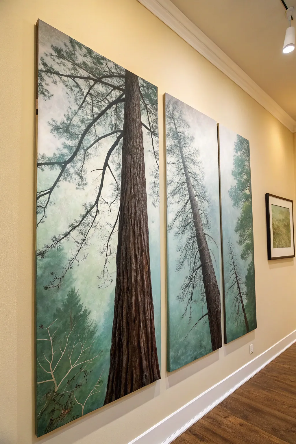 Minimalist triptych tree painting with branches flowing across panels in bold forest hues