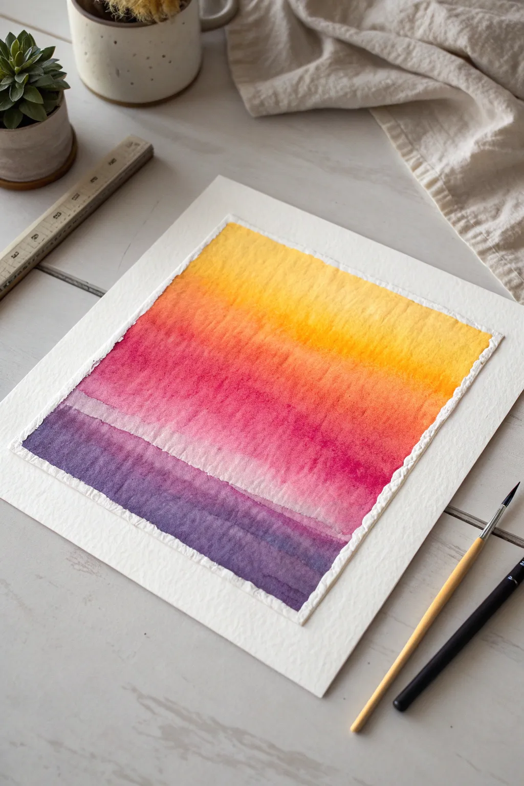 Sunset gradients with a foam sponge brush: yellow to coral to purple with a crisp horizon.