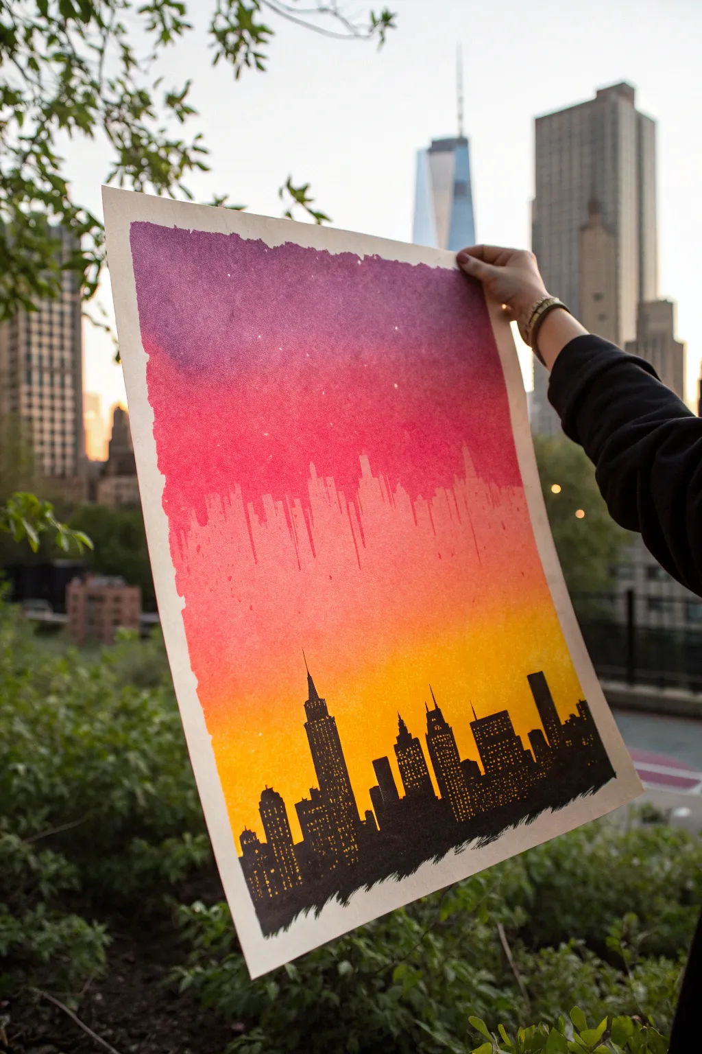 Silhouette skyline over a vibrant sunset spray burst for a bold, minimalist statement.