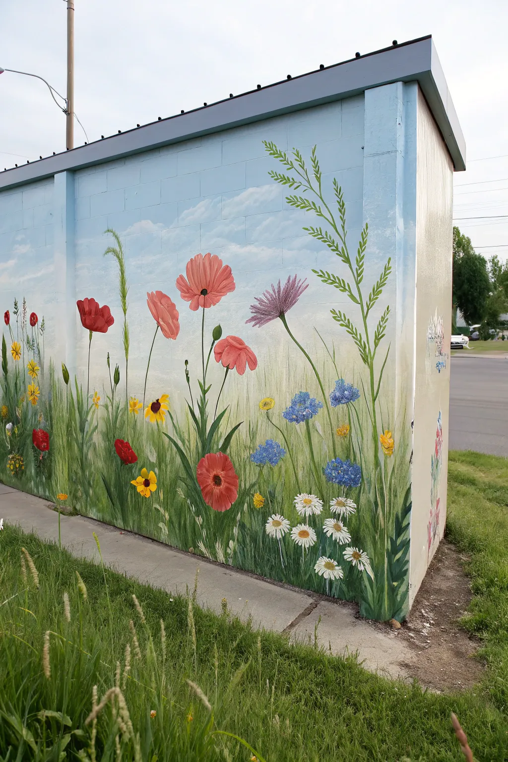 Wildflower meadow horizon mural panel with bold spring blooms and airy minimalist calm