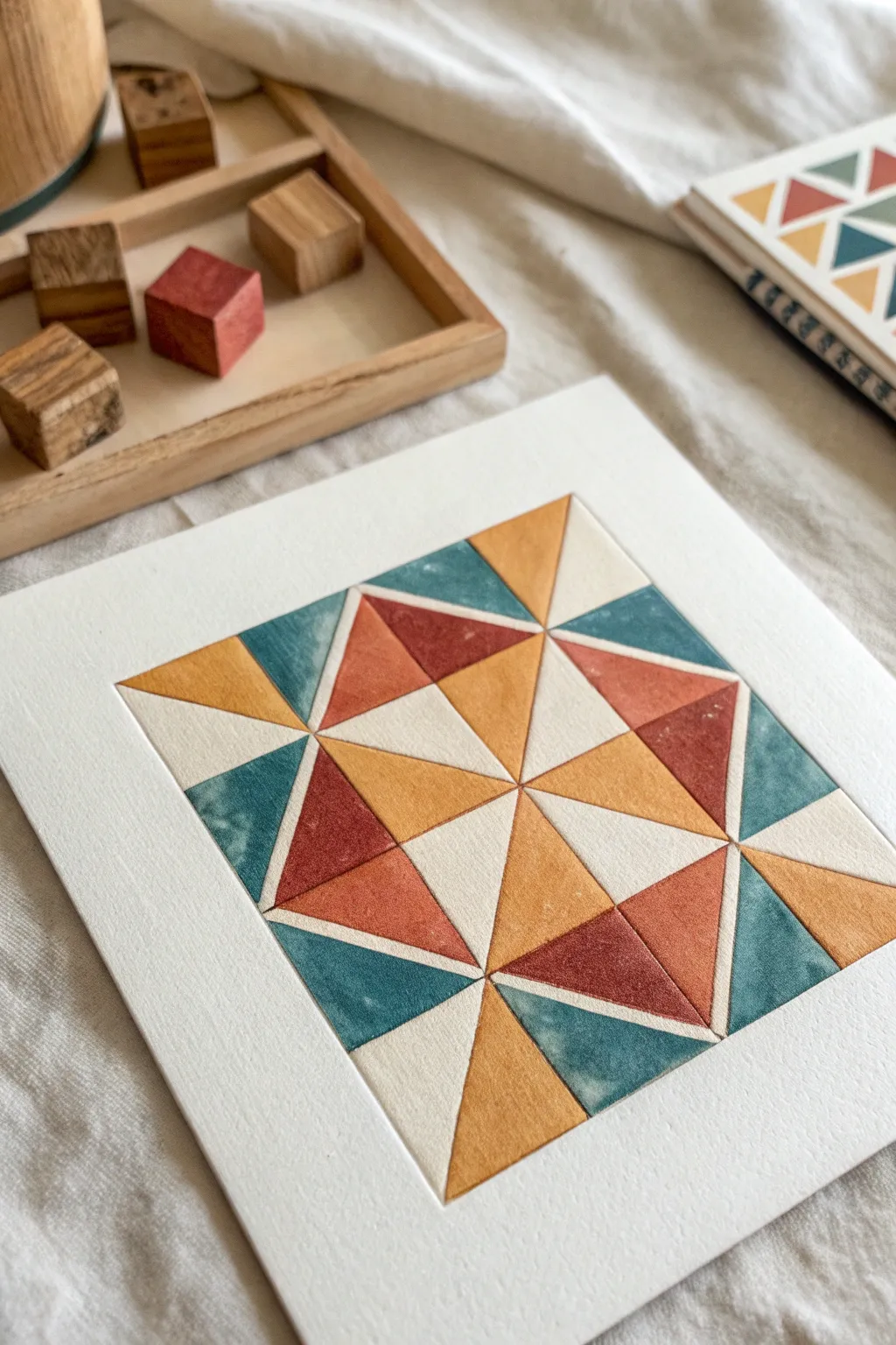 Bold geometric quilt-block square art with crisp tape lines and warm Scandinavian boho color