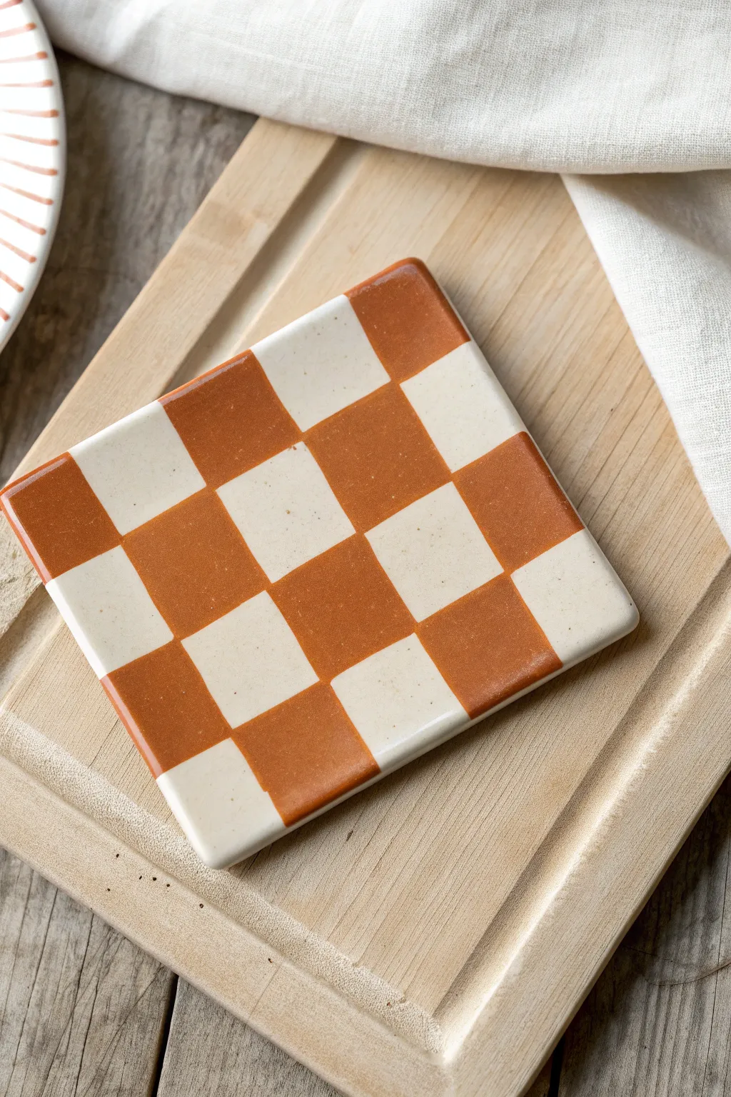 Classic gingham square coaster in terracotta and cream, Scandinavian minimal with boho warmth.