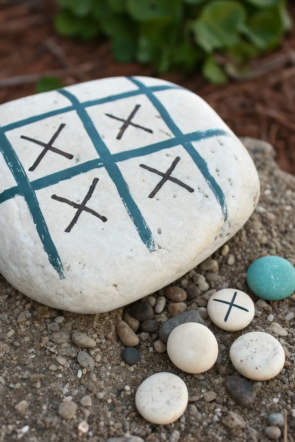 Minimalist tic-tac-toe square rock with bold grid and tiny pebble pieces for play.