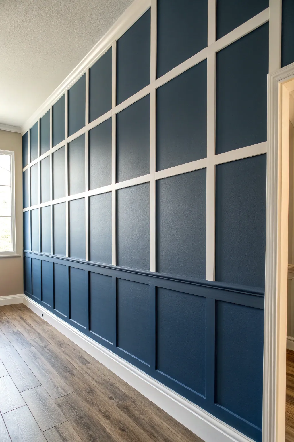 Crisp square grid trim on a deep wall color for a bold, clean Scandinavian accent wall