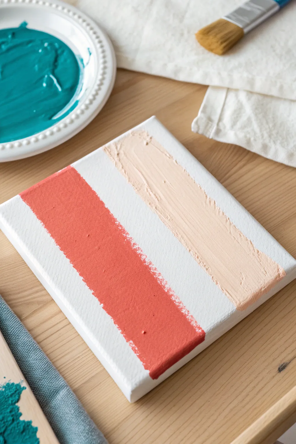 Teal and coral melt together with one clean white swipe, a striking beginner-friendly squeegee blend.