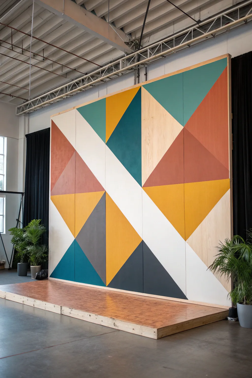 Scandi-minimal color-block stage wall with bold geometric shapes and crisp contrast for wow impact