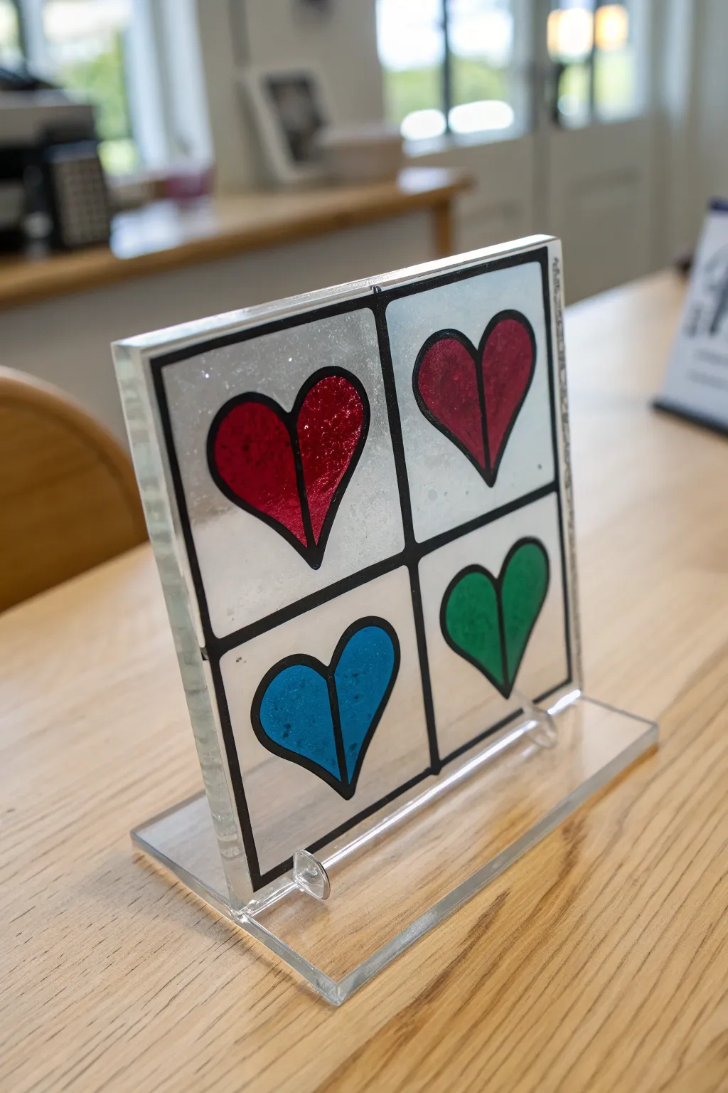 Beginner stained glass heart: bold jewel tones and clean black lines in soft window light.