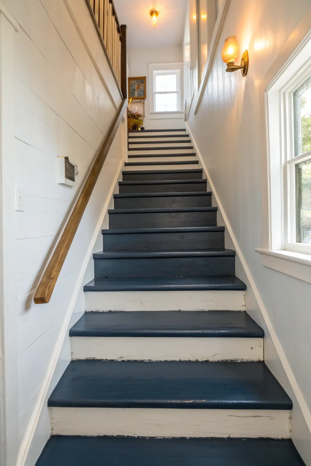 Moody matte-black stairs with warm light and pale walls create a dramatic, cozy focal point.