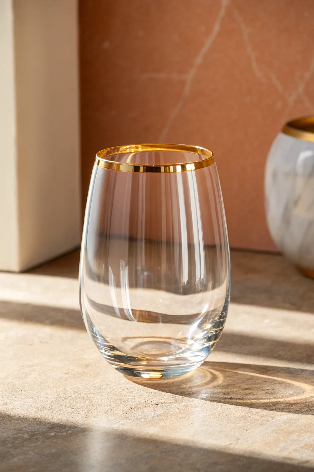 Simple metallic rim plus double band turns a stemless glass into modern boho elegance.