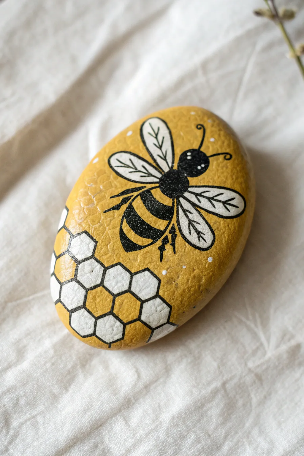Bee and honeycomb painted stone in warm yellow and black, minimal boho craft with bold contrast