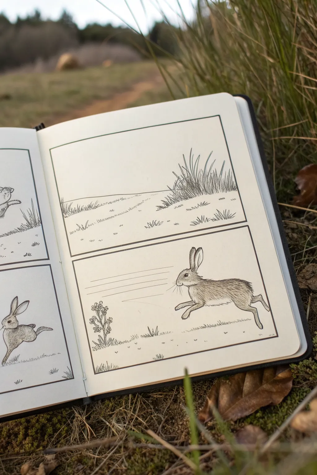 Minimal comic panels of the tortoise and hare: bold pacing contrast, calm craft, striking color pops