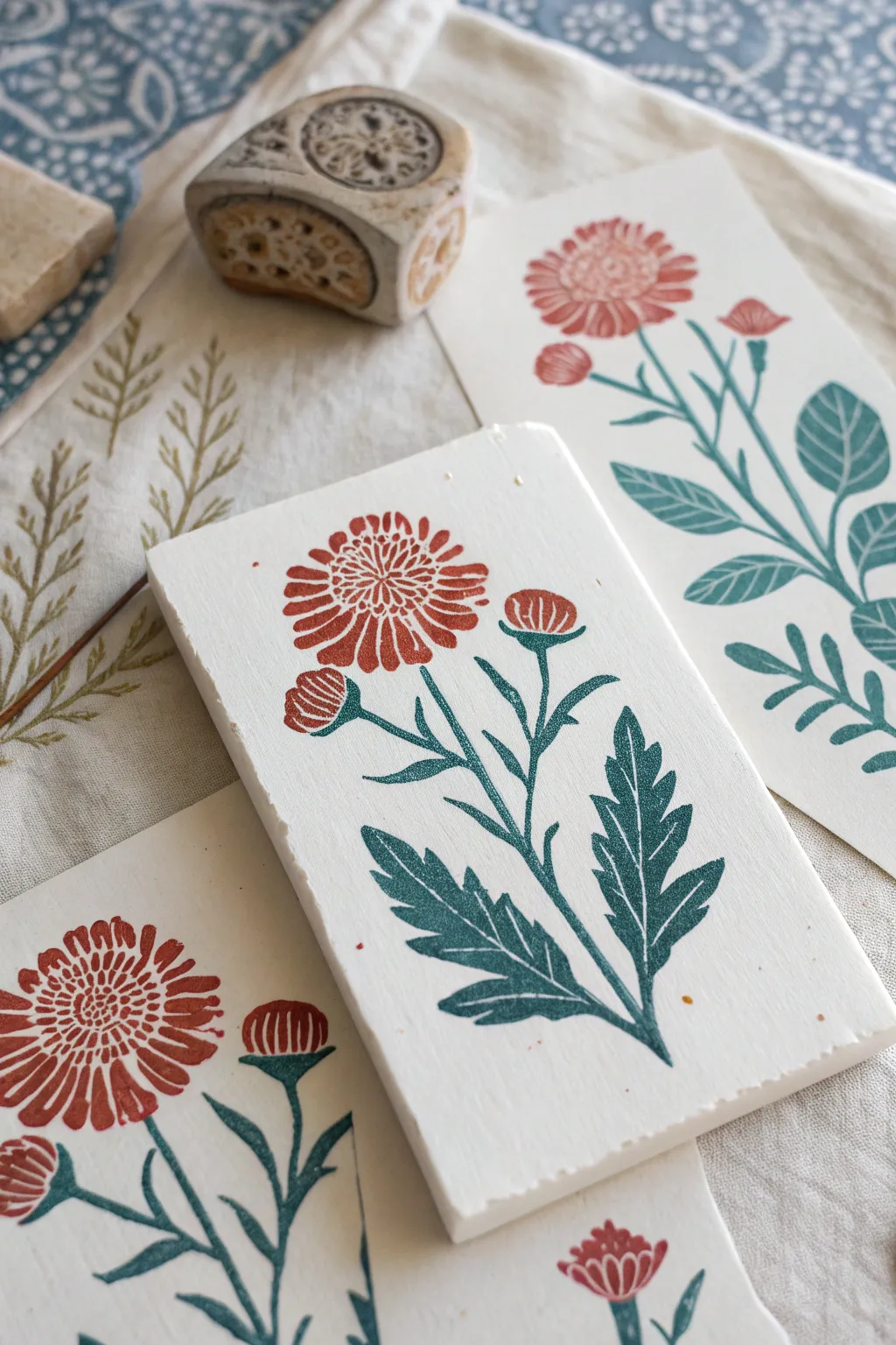 Carve a styrofoam flower block and stamp a quick repeat print in bold, minimalist boho colors.