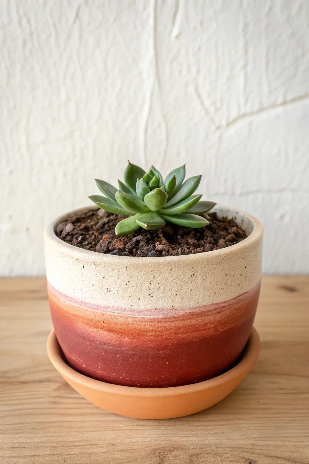 Soft ombre succulent pot: deep terracotta fading to blush, clean minimal styling, bold contrast