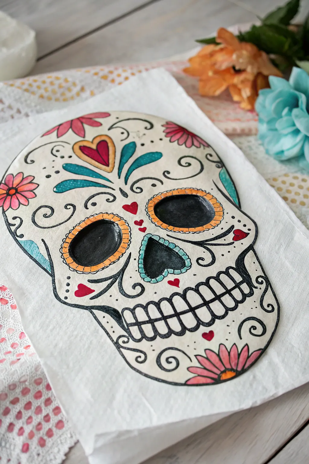Front-facing sugar skull with heart nose and delicate filigree swirls in bold, modern colors