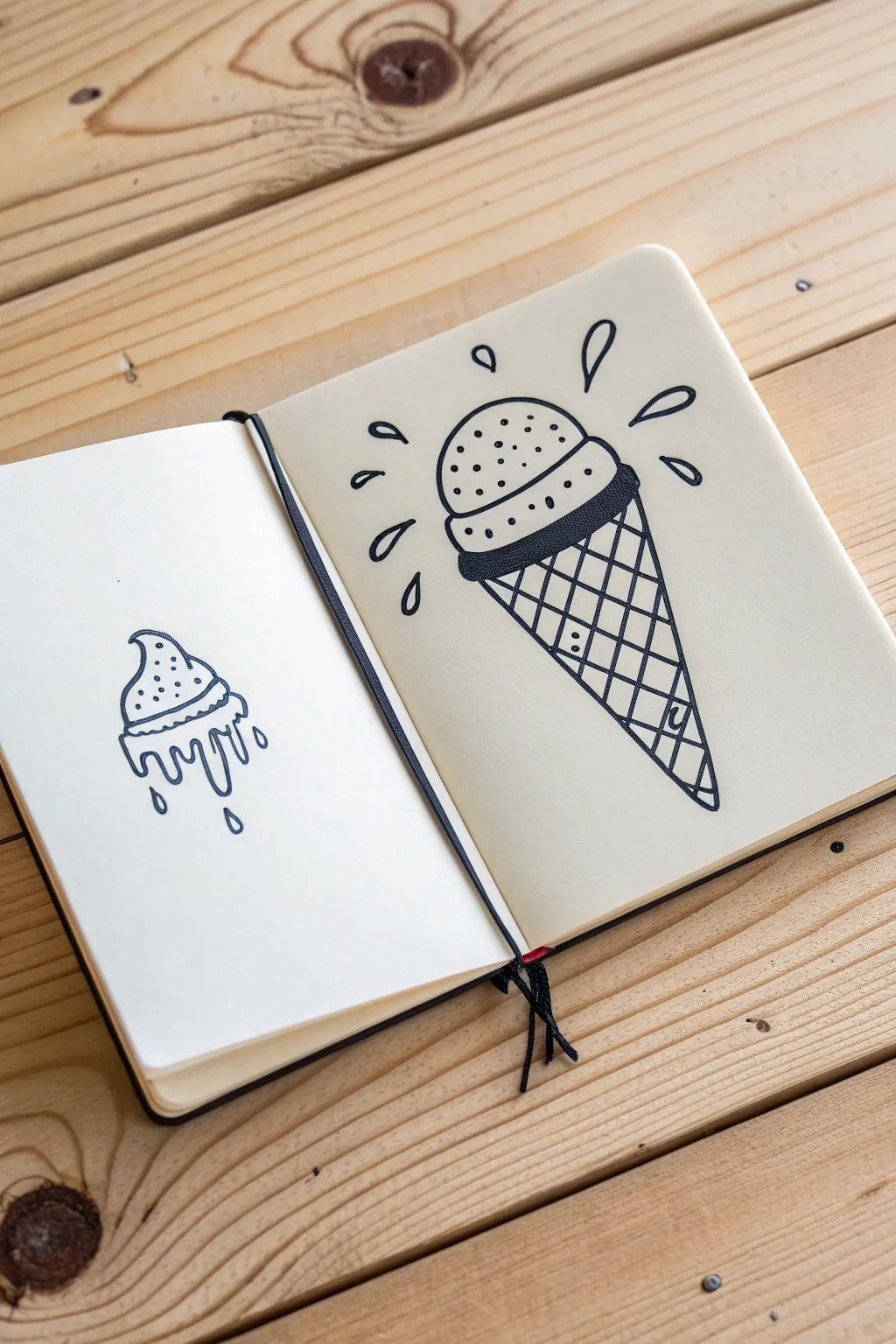 Bold summer treats in a clean sketchbook drawing, crisp lines and melting drips for heat vibes