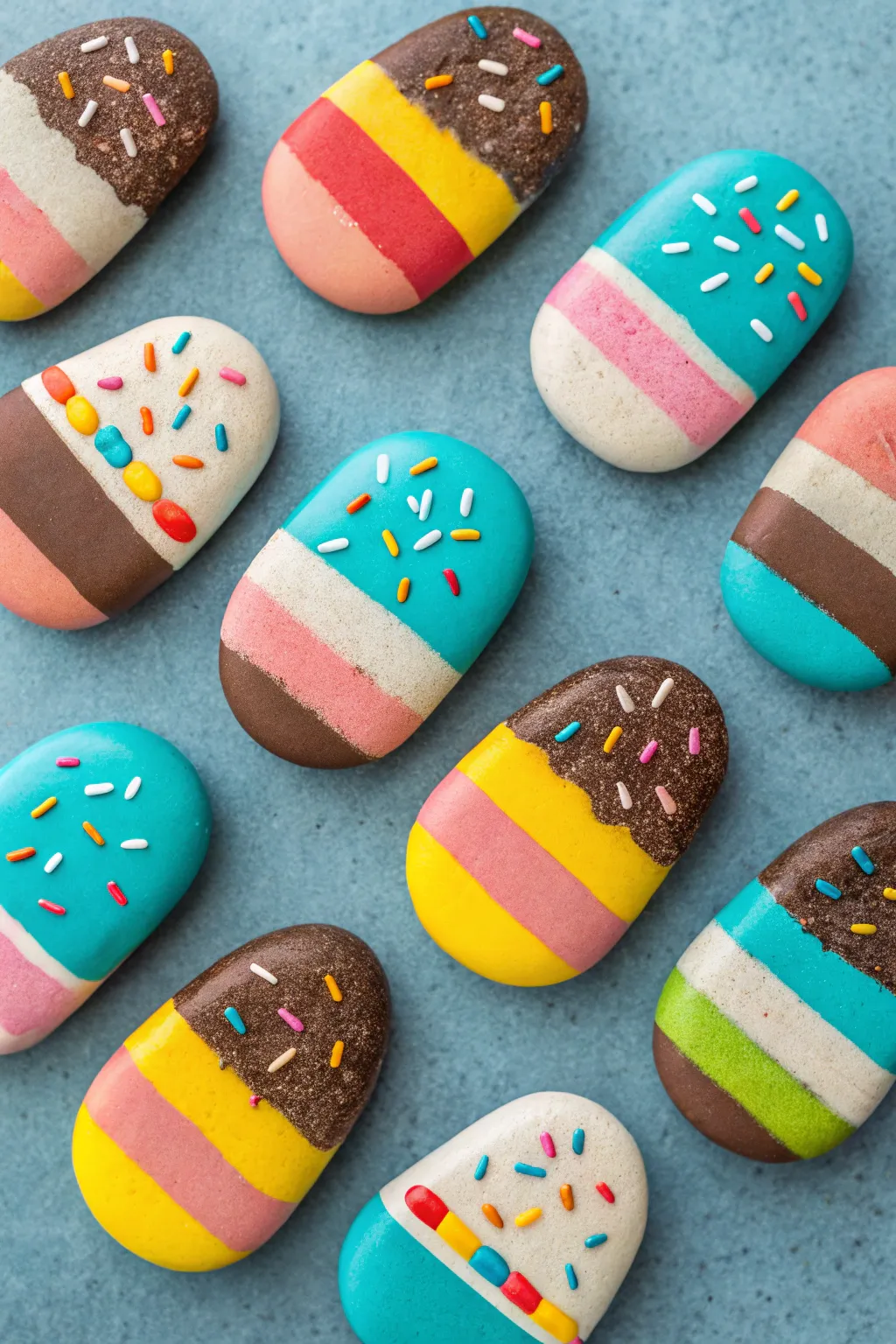 Bold striped popsicle rocks in vibrant summer colors, styled minimal on a cool-toned backdrop