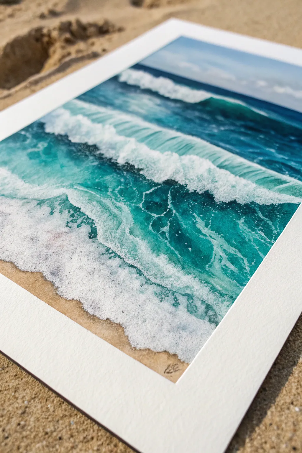 Ocean wave watercolor close-up with crisp white foam and bold blue-green bands, breezy and minimal