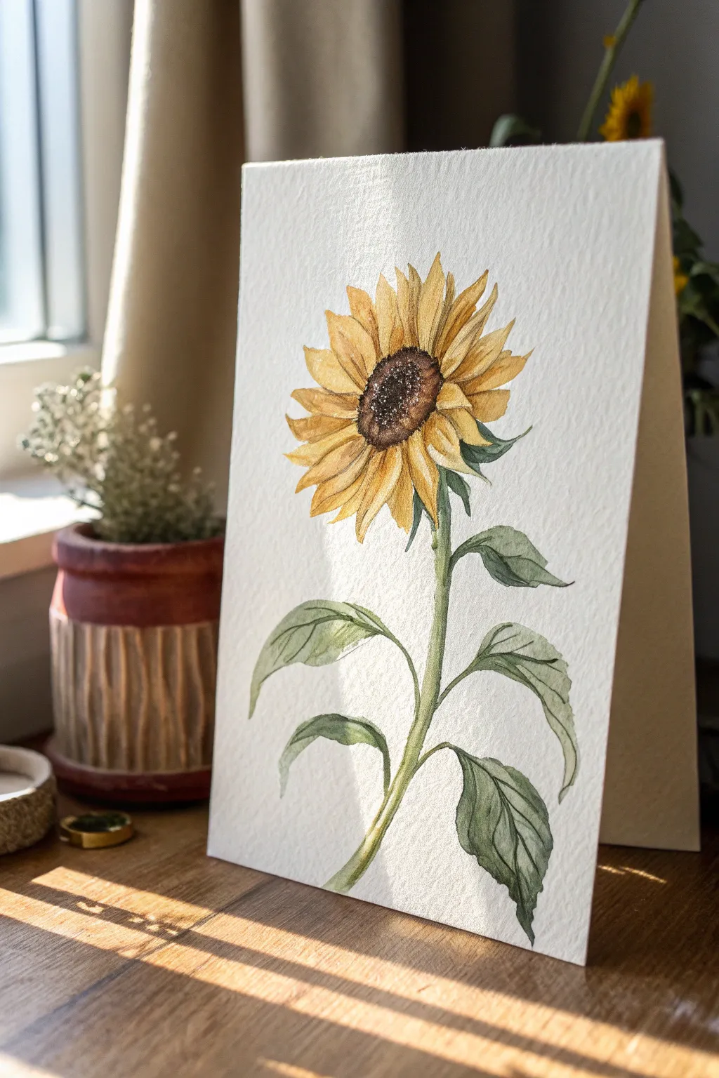 One-stem sunflower on a neutral backdrop, simple, calming, and perfect for beginner painters.