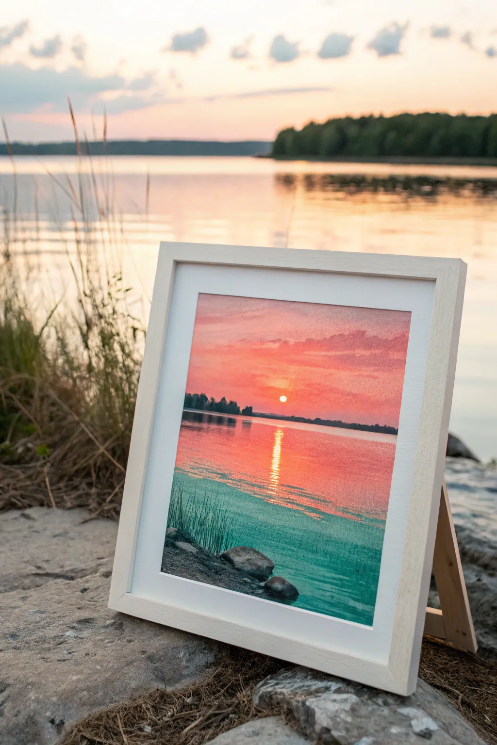 Minimal lake sunrise painting with thin reflection streaks and soft ripples in bold, calm color