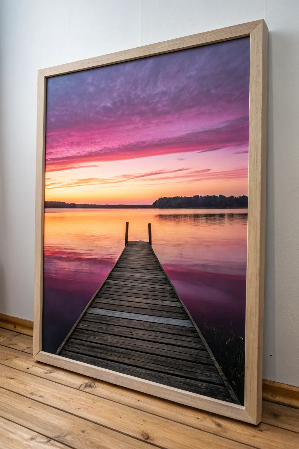 Bold lake sunset painting with a crisp black pier silhouette, minimalist with a boho touch.
