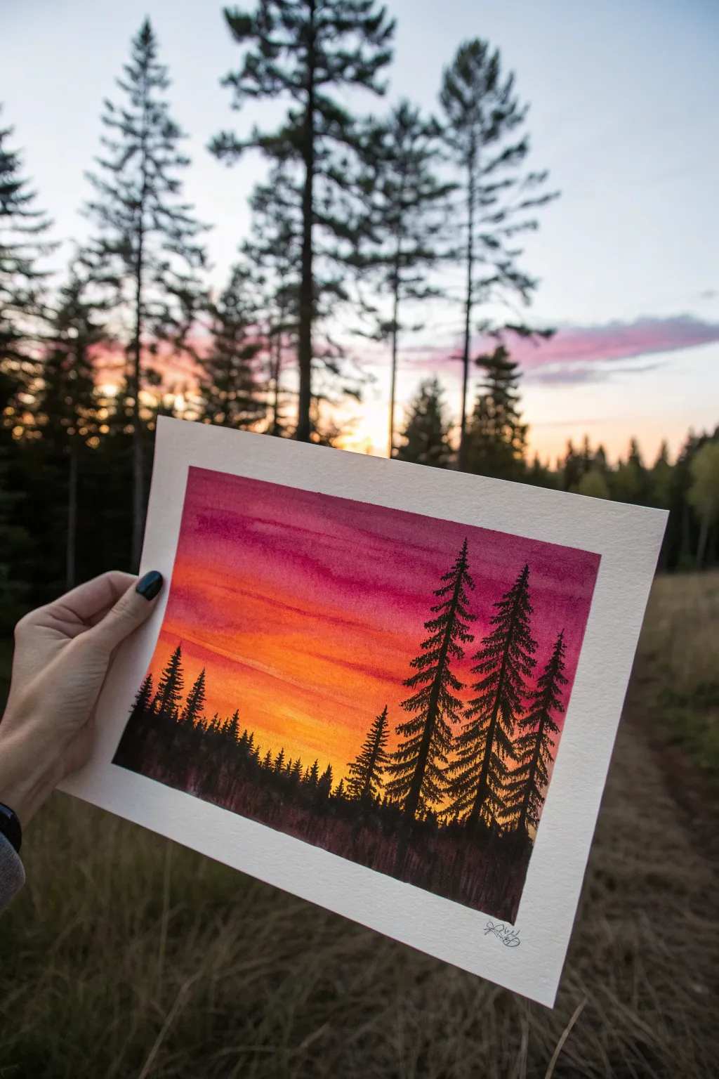 Pine forest edge silhouette with a fiery sunset gradient and crisp black tree line contrast