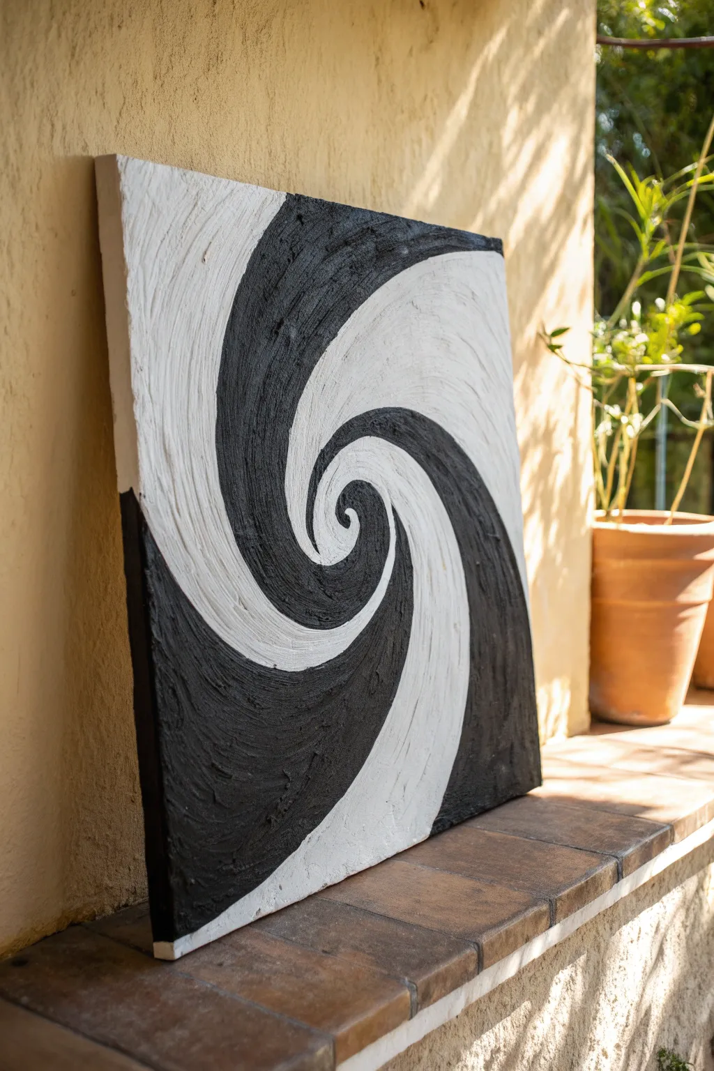 Two-color high-contrast swirl painting: bold black and white curves with modern minimal impact