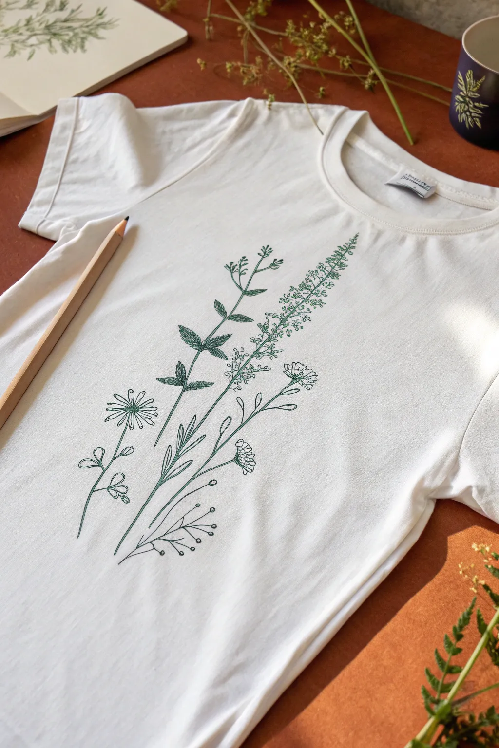 Botanical line art tee: minimalist wildflower vertical print with handcrafted sketch vibe