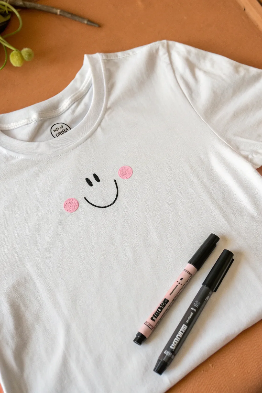 Easy tee doodle idea: tiny smiley with pink blush dots, styled minimal with just two markers.