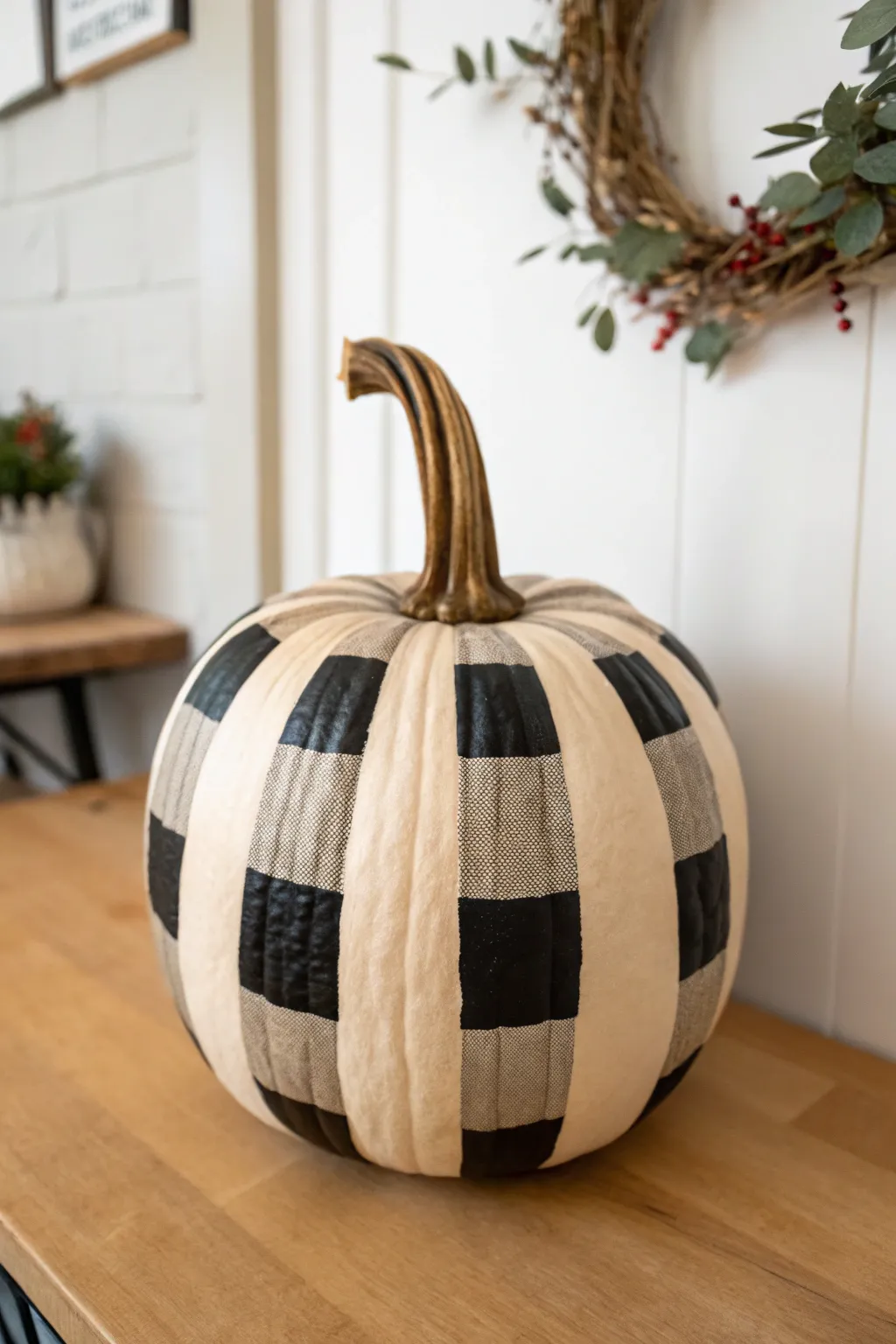 Vertical buffalo-check plaid tall pumpkin for a modern Scandinavian-boho fall statement.