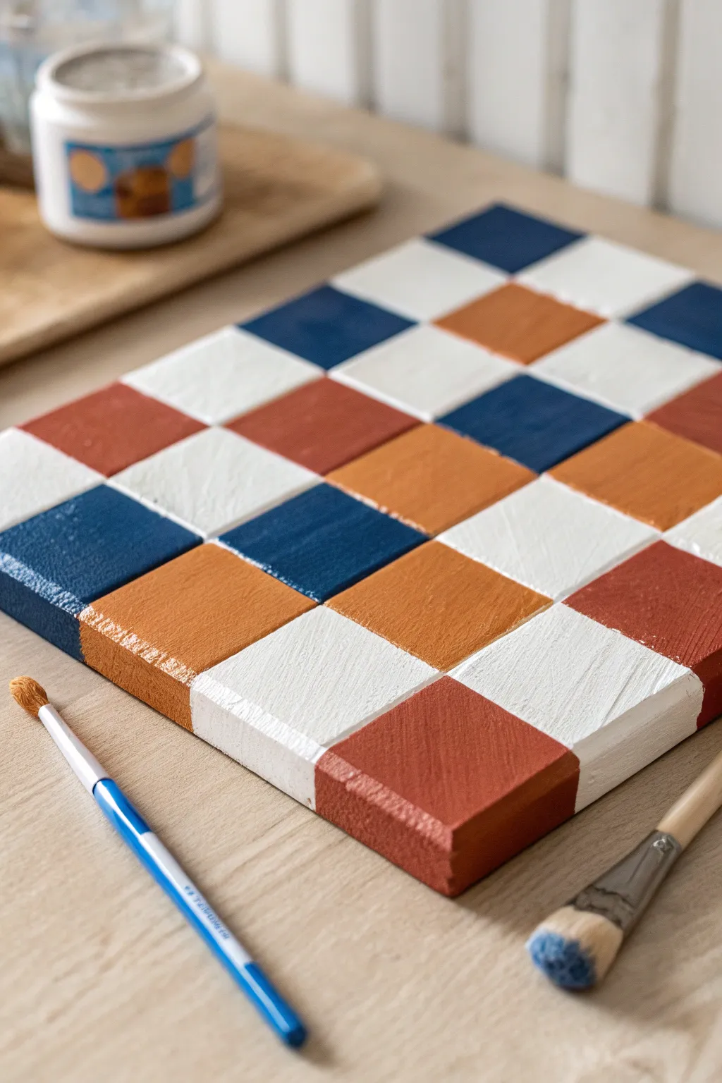 Crisp checkerboard tape painting with bold blocks and clean negative space, minimalist and boho