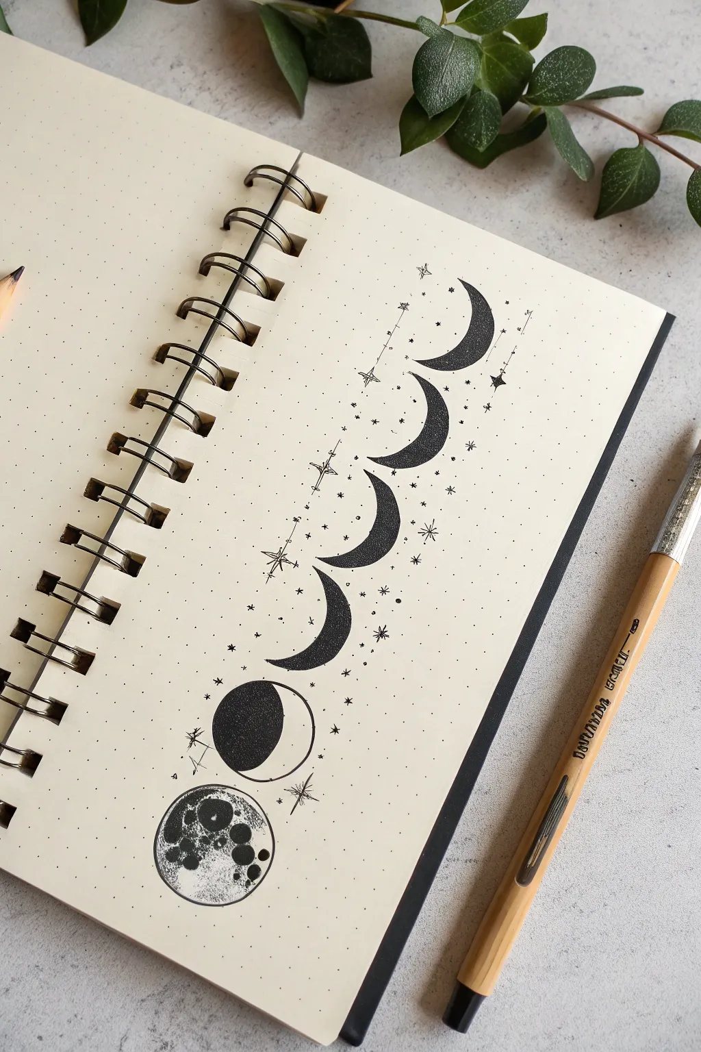Minimal moon phase linework strip, crisp fine-line tattoo flash on clean paper with bold contrast.
