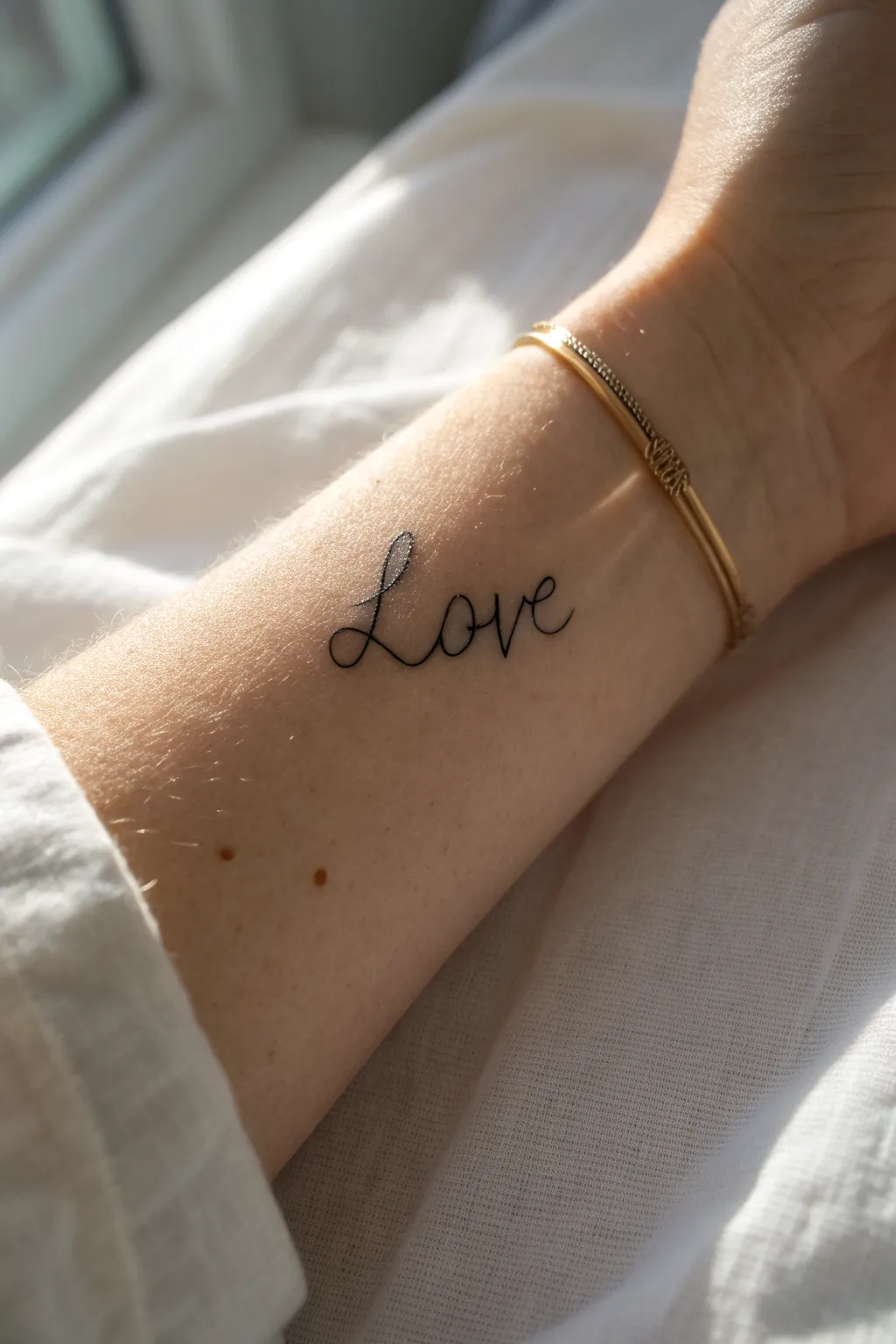 Minimal love script tattoo on the wrist, clean lines and a soft flourish for everyday romance.