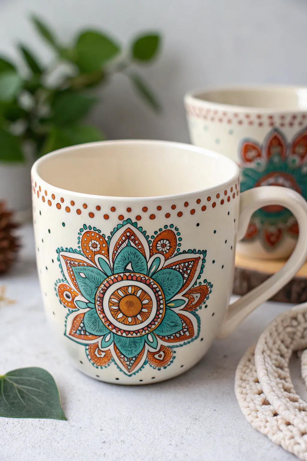 Mandala dot medallion tea cup painting idea with bold color pops and clean boho vibes
