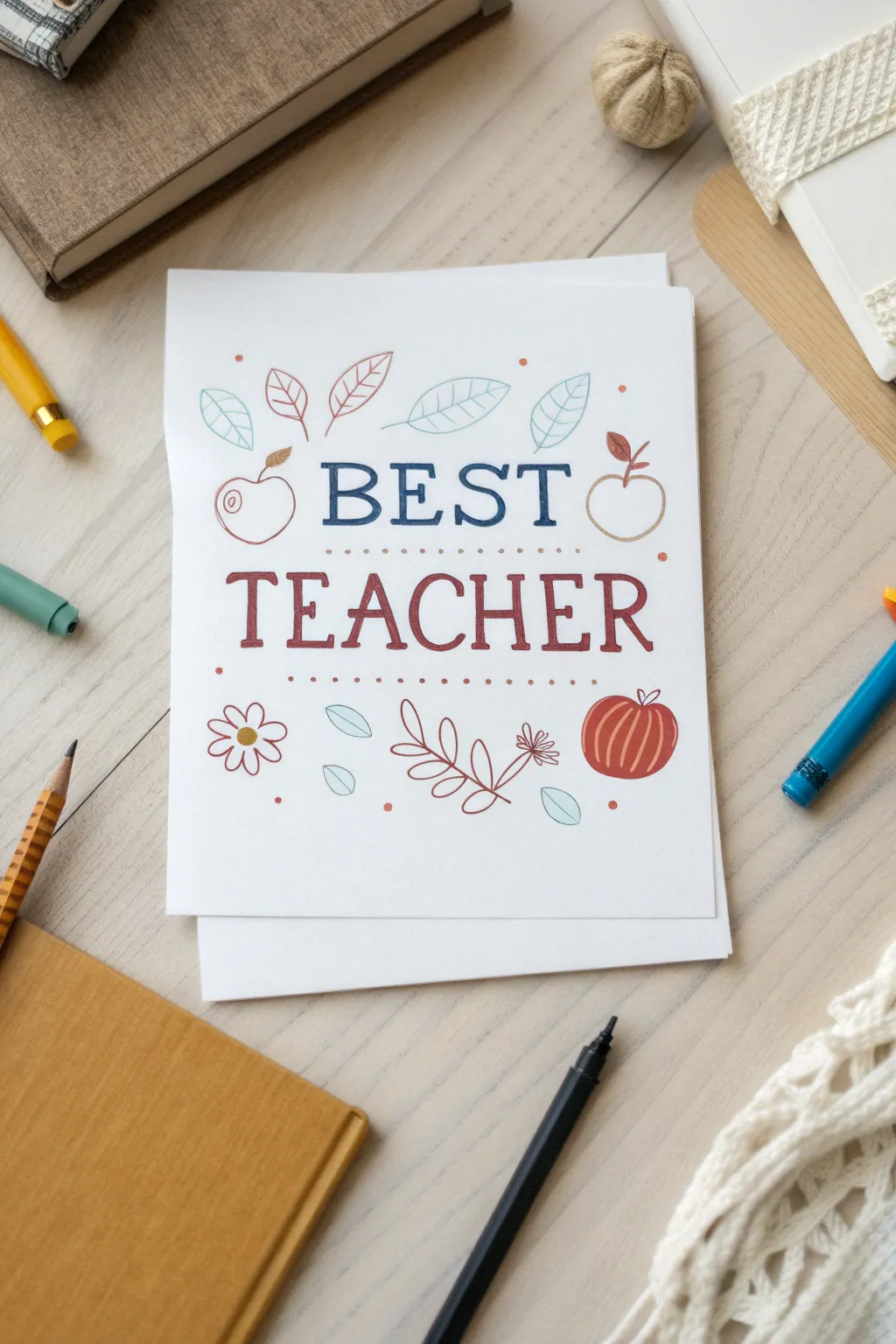 Minimalist hand-lettered teacher card layout with tiny doodles, bold colors, and clean contrast