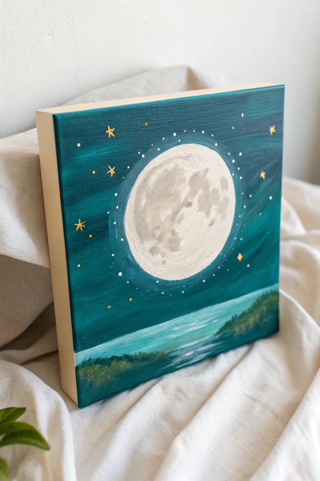 Paint a glowing full moon in layered teal skies for a bold, calming minimalist nightscape.