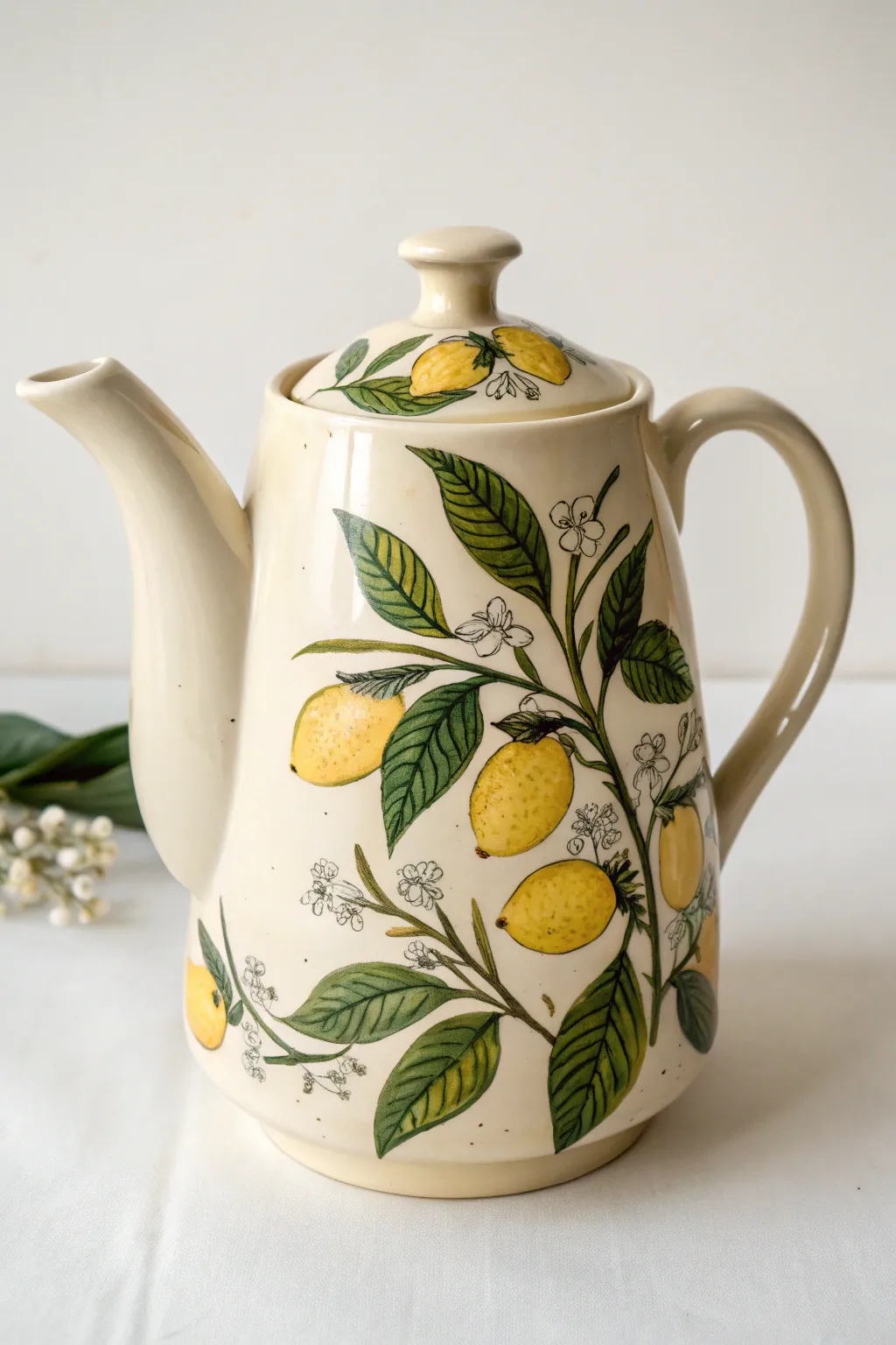 Creamy teapot with a painted lemon branch, bold citrus tones, and a clean minimalist backdrop