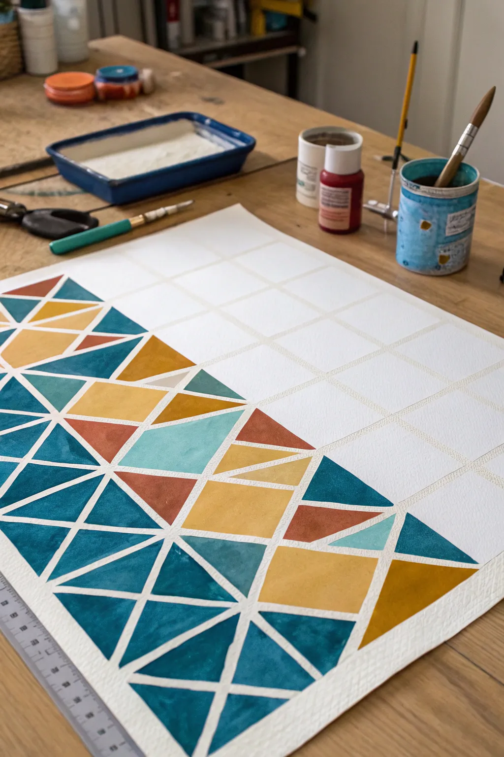 Tape-resist tempera geometry: bold color blocks, clean lines, and a satisfying peeled corner reveal