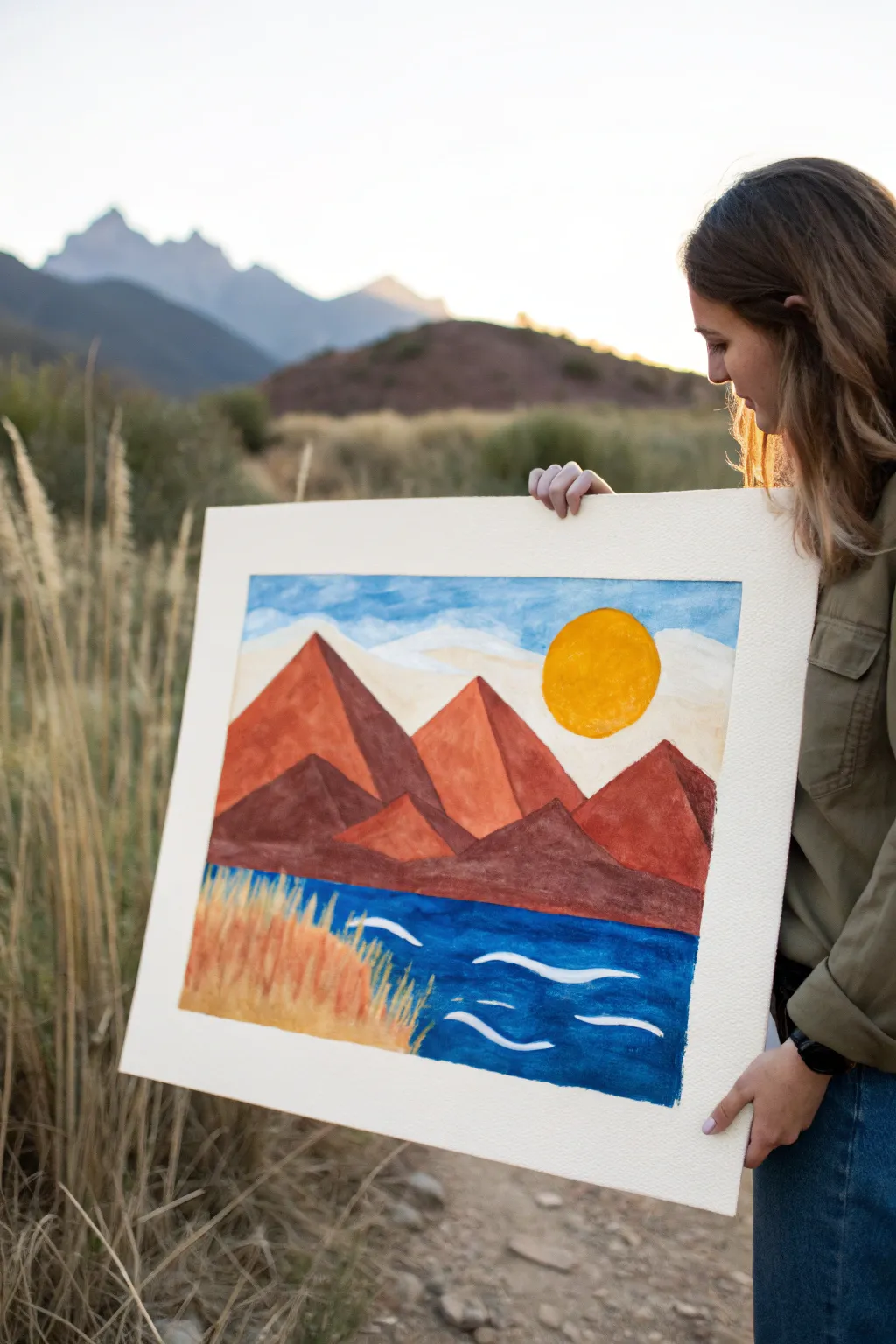 Bold blocky landscape with tempera paint sticks, minimalist Scandinavian style with a warm boho touch.