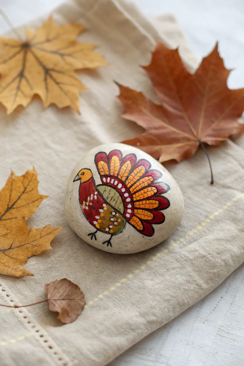 Leaf-feather turkey rock in cozy fall hues, minimalist boho styling for Thanksgiving crafting
